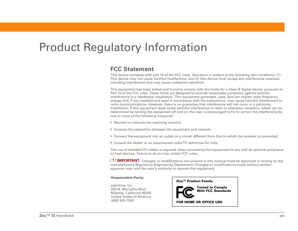 Product regulatory information, Fcc statement | Palm Zire 72 User Manual | Page 667 / 706