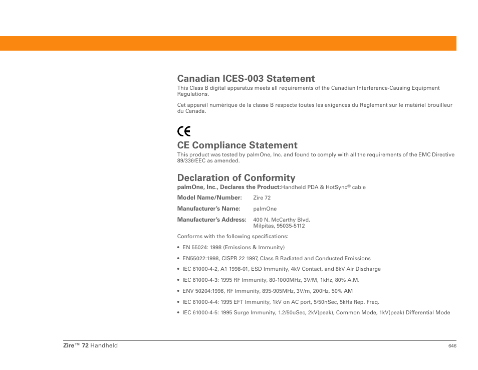 Canadian ices-003 statement, Ce compliance statement, Declaration of conformity | Palm Zire 72 User Manual | Page 668 / 706
