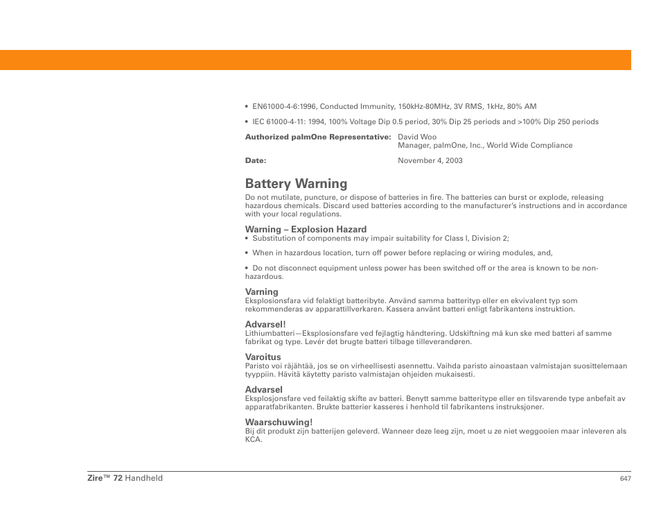 Battery warning | Palm Zire 72 User Manual | Page 669 / 706