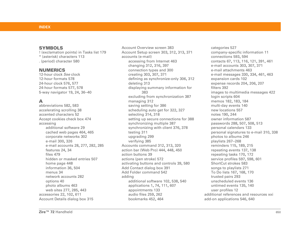 Index | Palm Zire 72 User Manual | Page 672 / 706