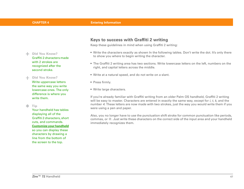 Keys to success with graffiti 2 writing | Palm Zire 72 User Manual | Page 69 / 706