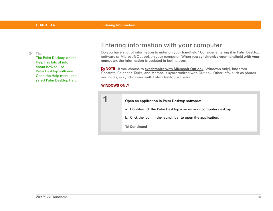 Entering information with your computer | Palm Zire 72 User Manual | Page 82 / 706
