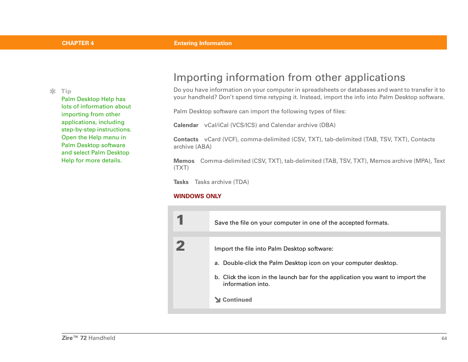 Importing information from other applications, Import information from other applications | Palm Zire 72 User Manual | Page 86 / 706