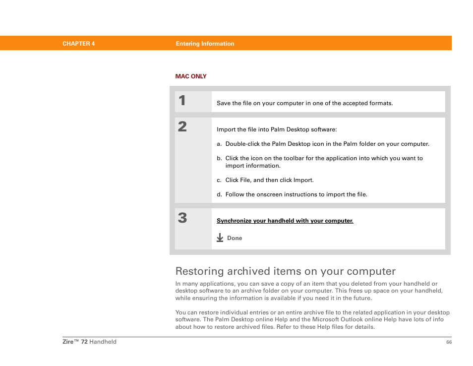 Restoring archived items on your computer | Palm Zire 72 User Manual | Page 88 / 706