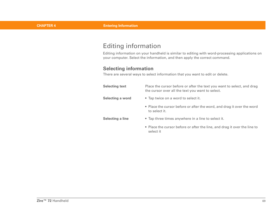 Editing information, Selecting information | Palm Zire 72 User Manual | Page 91 / 706