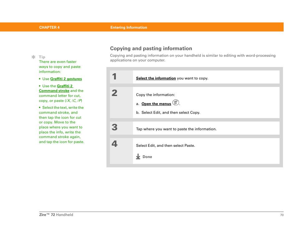 Copying and pasting information | Palm Zire 72 User Manual | Page 92 / 706