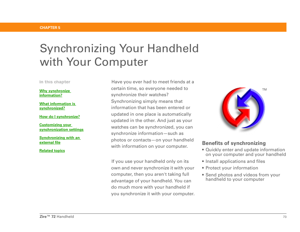 Synchronizing your handheld with your computer, Synchronizing, Er, using the hotsync | Cable, so you can synchronize | Palm Zire 72 User Manual | Page 95 / 706