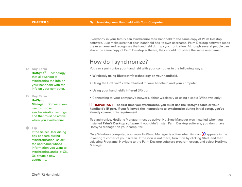 How do i synchronize, Synchronize | Palm Zire 72 User Manual | Page 98 / 706