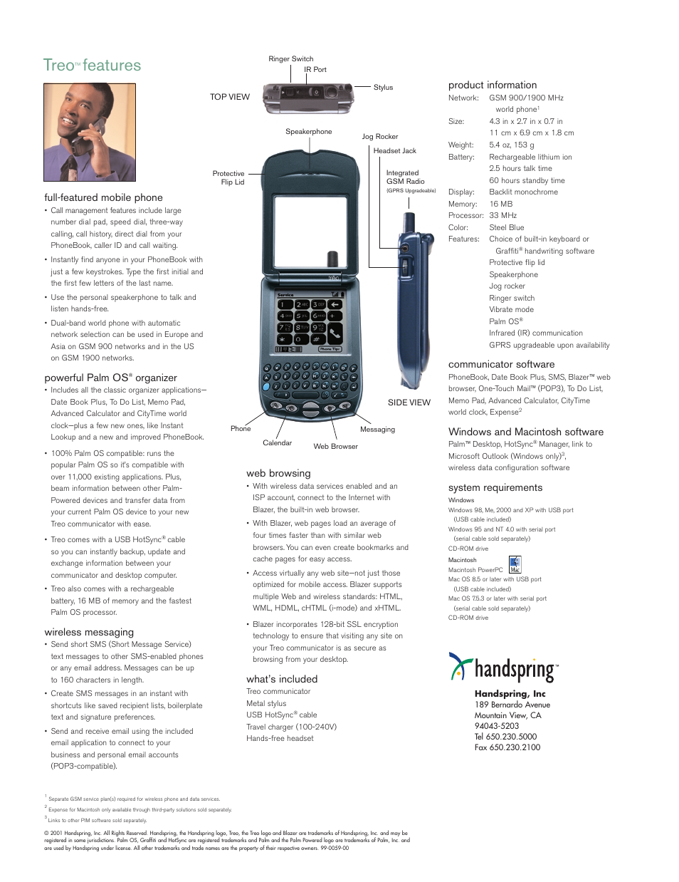 Treo, Features, Full-featured mobile phone | Powerful palm os, Organizer, Wireless messaging, Web browsing, What’s included, Product information, Communicator software | Palm Treo 180 series User Manual | Page 2 / 2