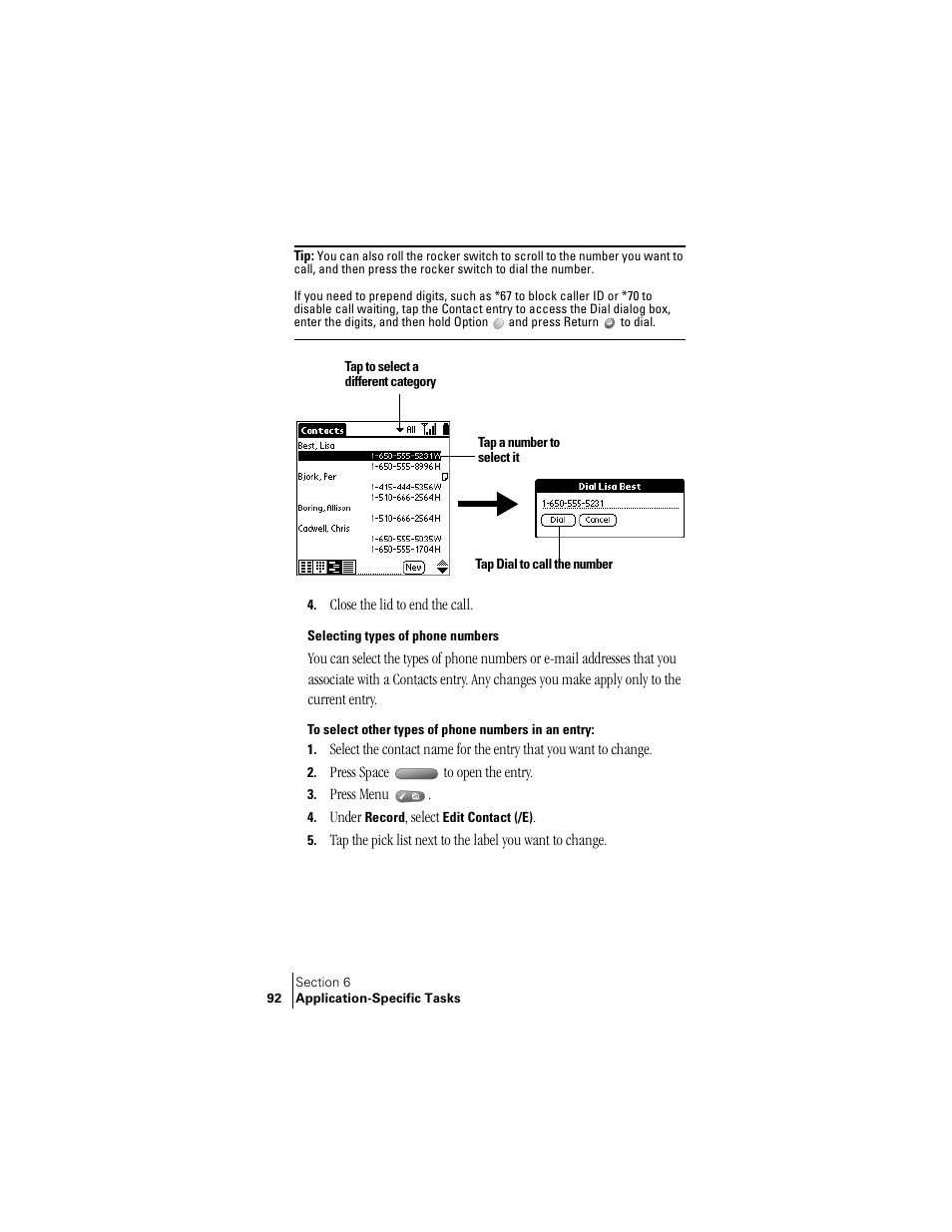Selecting types of phone numbers | Palm Treo 300 User Manual | Page 100 / 286