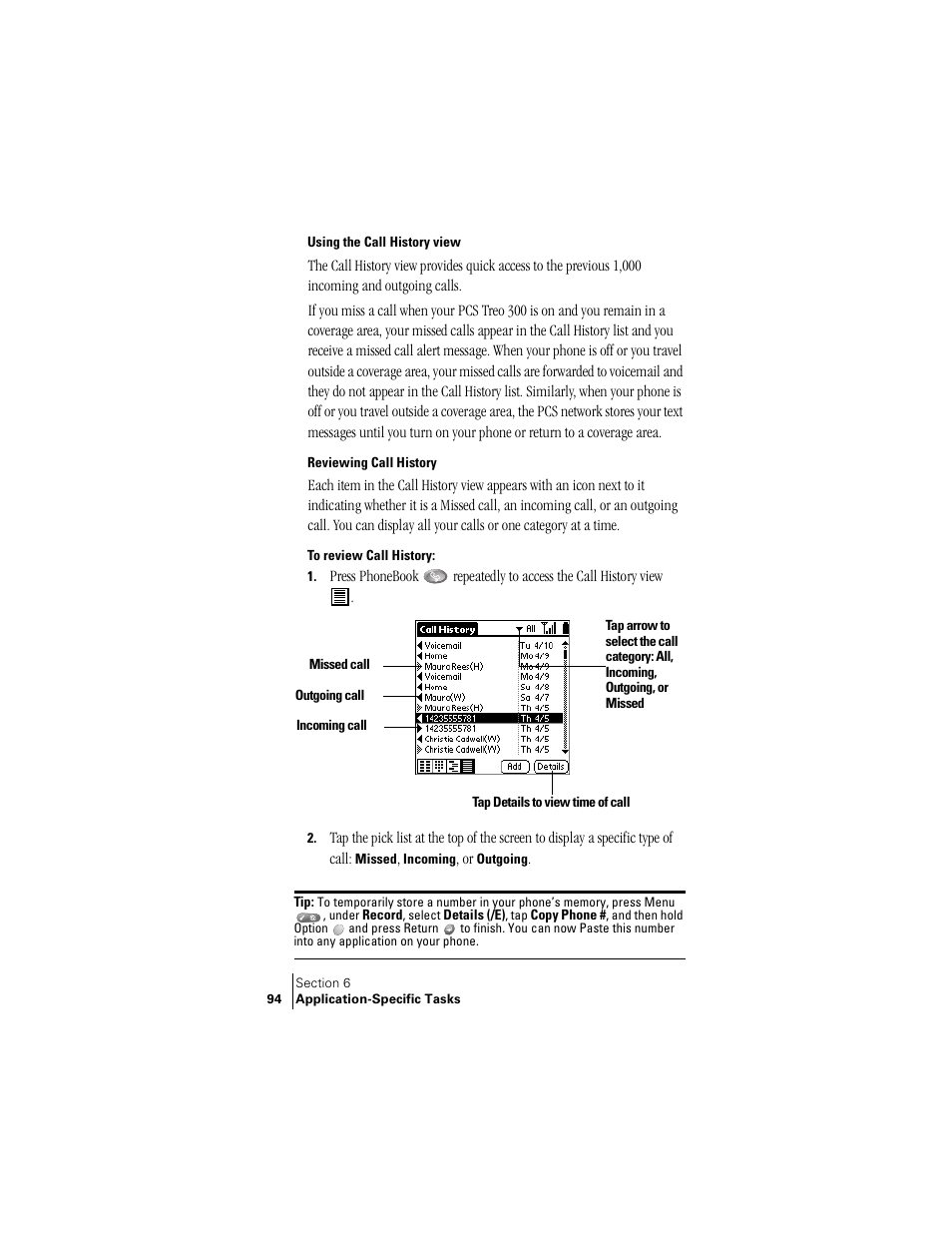 Using the call history view, Reviewing call history | Palm Treo 300 User Manual | Page 102 / 286