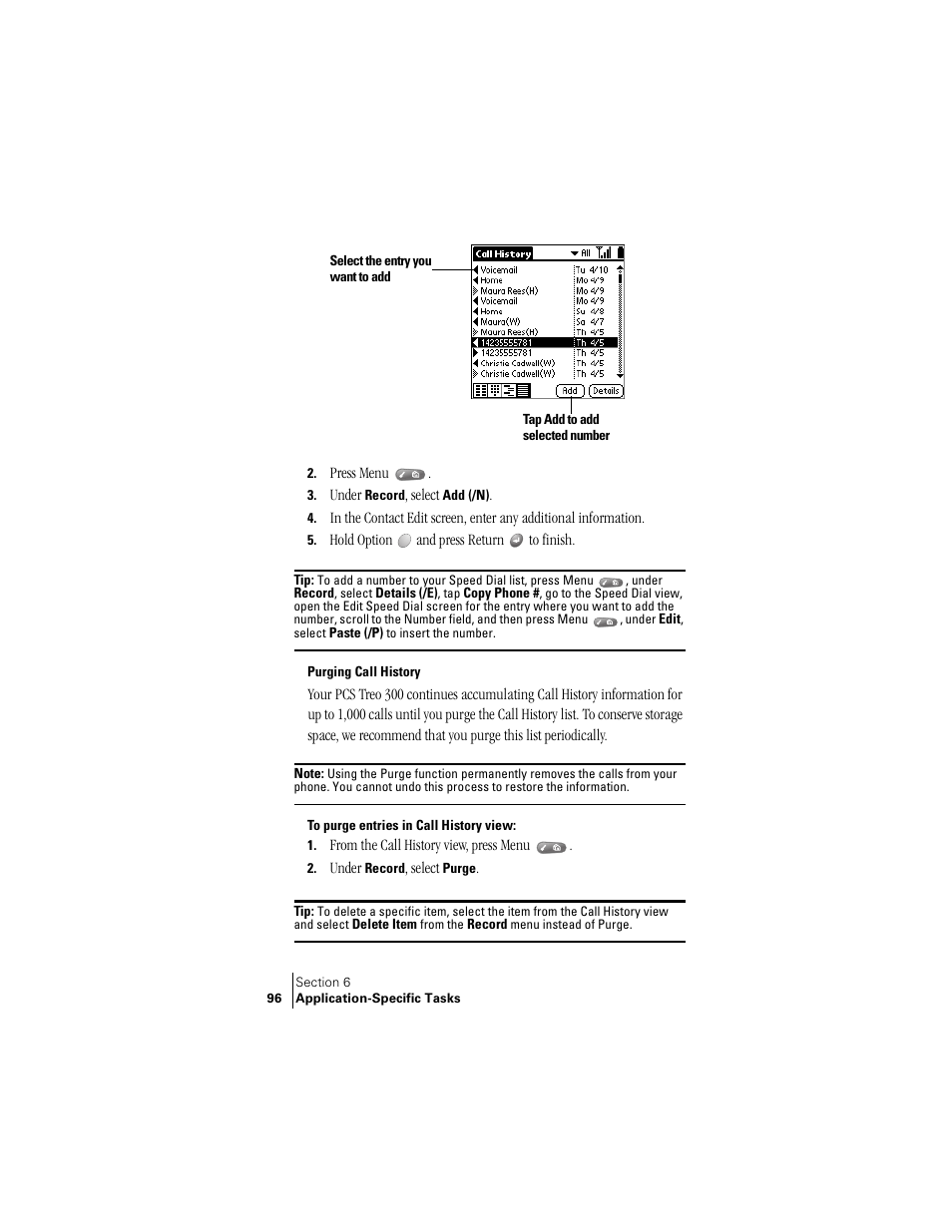 Purging call history | Palm Treo 300 User Manual | Page 104 / 286