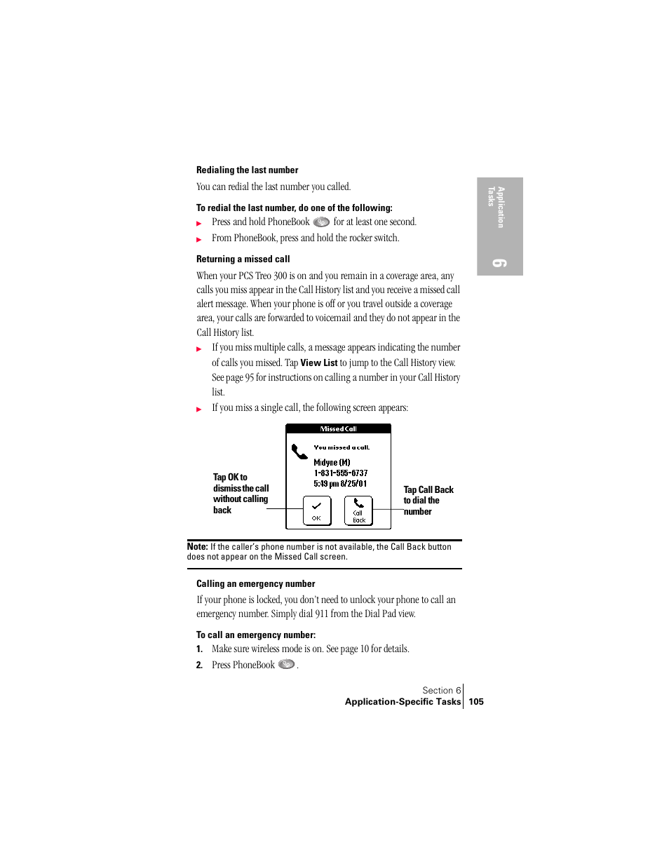 Redialing the last number, Returning a missed call, Calling an emergency number | Palm Treo 300 User Manual | Page 113 / 286