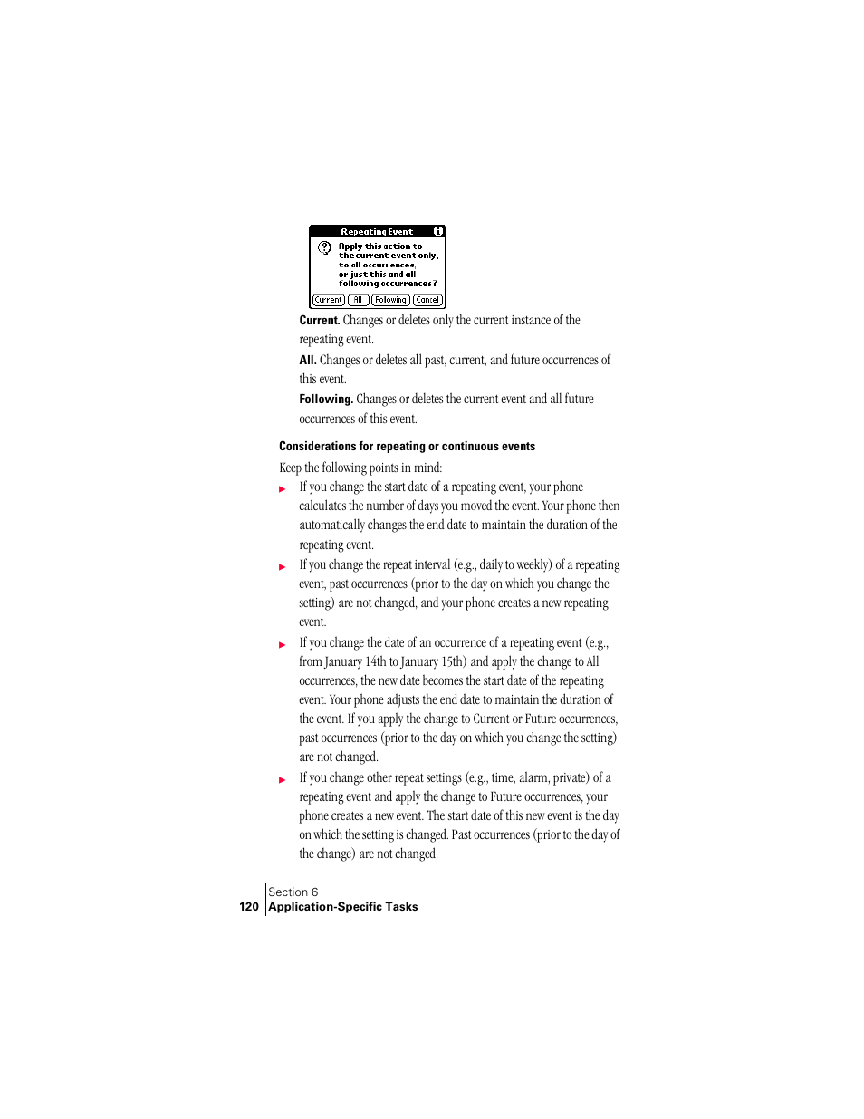 Considerations for repeating or continuous events | Palm Treo 300 User Manual | Page 128 / 286