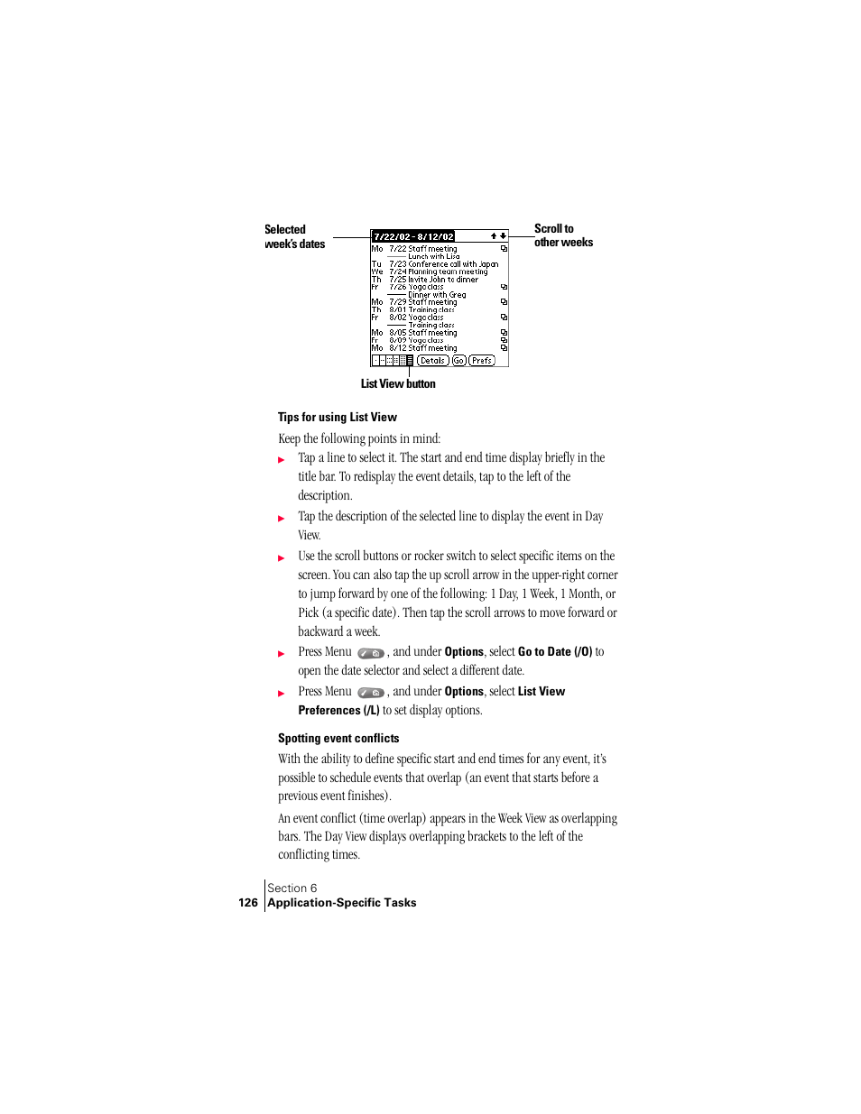 Tips for using list view, Spotting event conflicts | Palm Treo 300 User Manual | Page 134 / 286