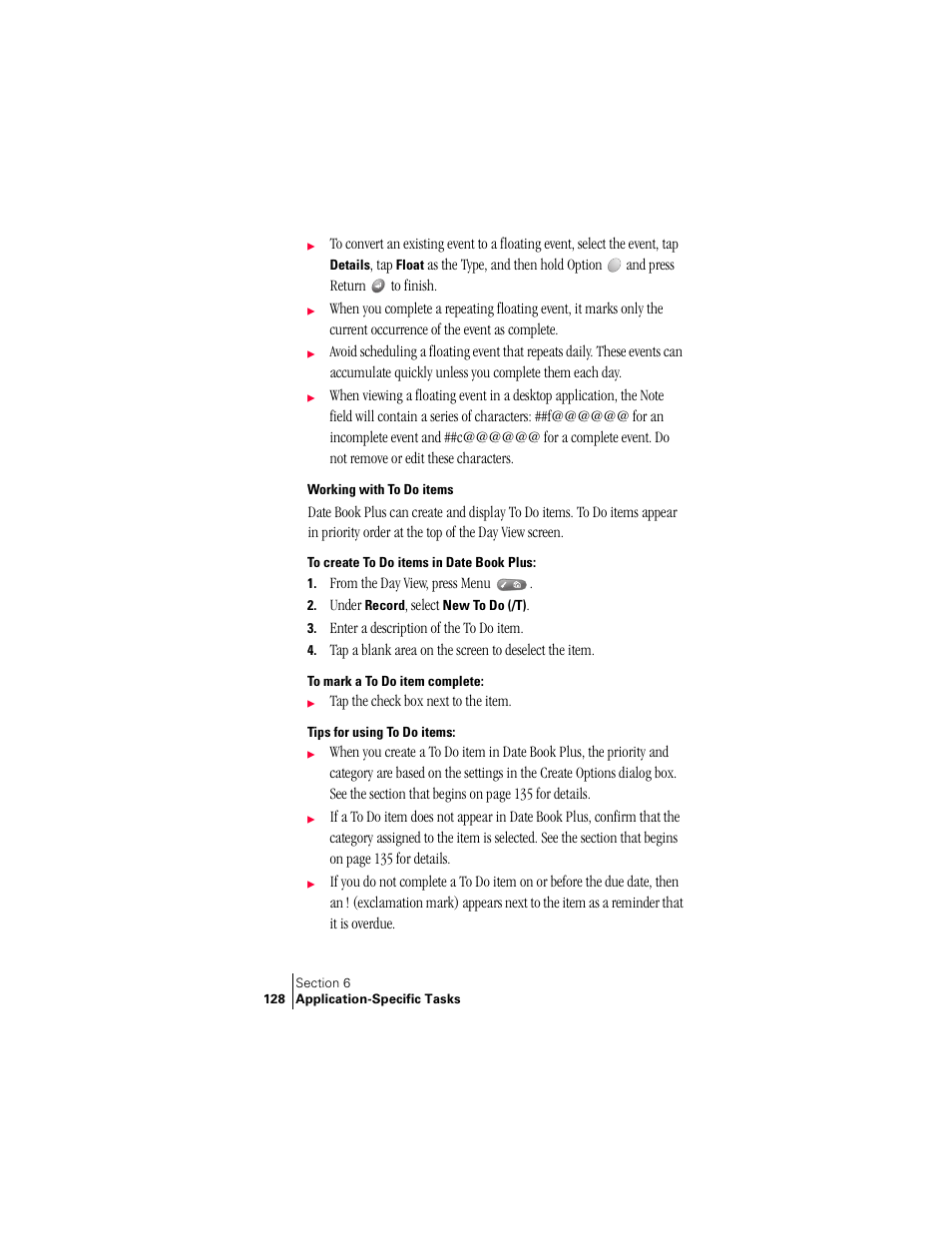 Working with to do items, Tips for using to do items | Palm Treo 300 User Manual | Page 136 / 286
