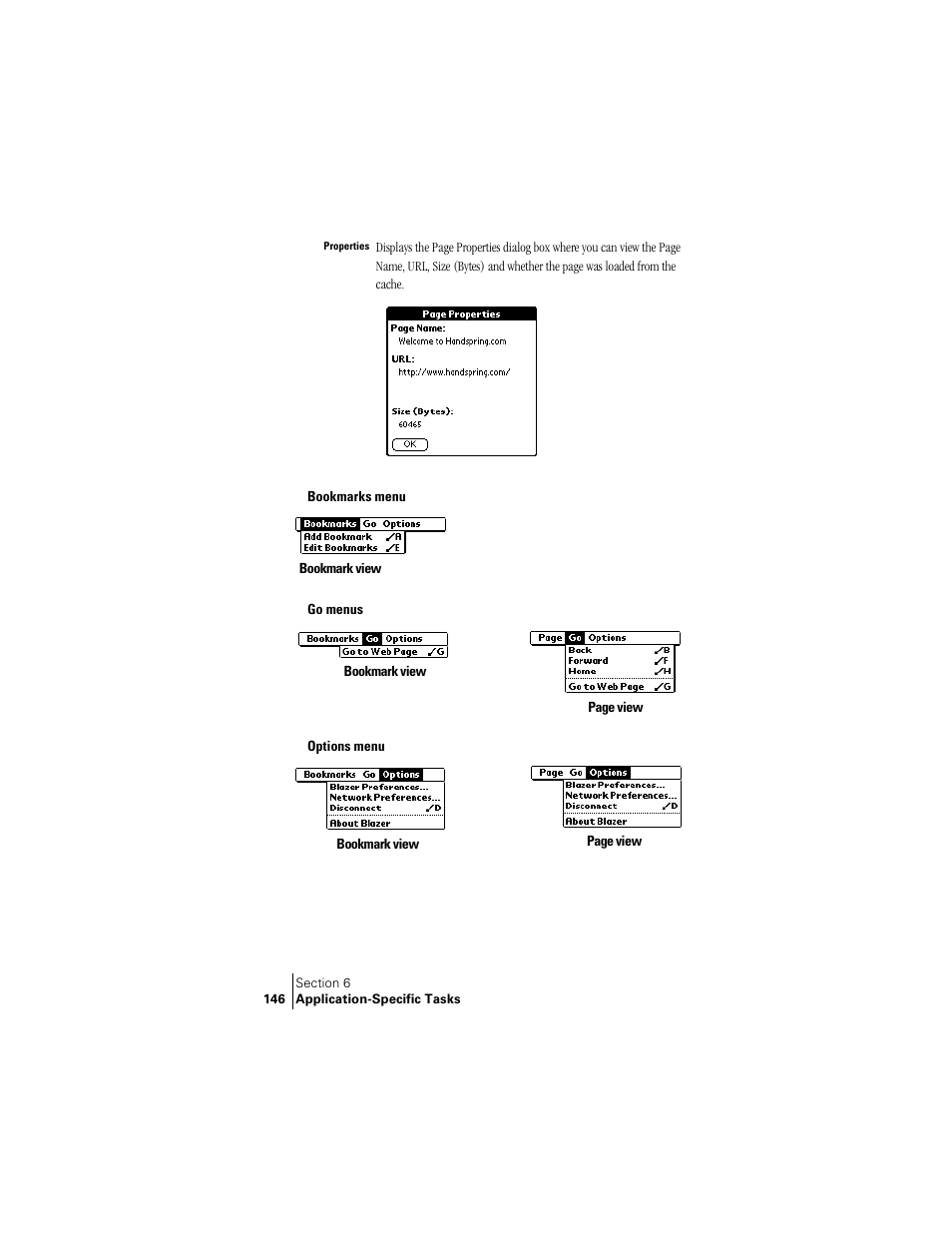 Bookmarks menu, Go menus, Options menu | Palm Treo 300 User Manual | Page 154 / 286