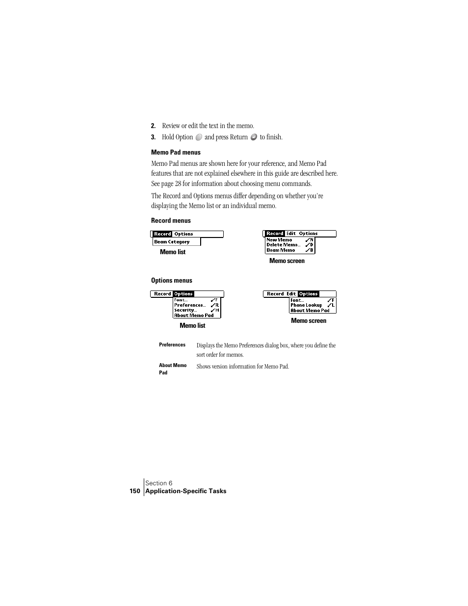 Memo pad menus, Record menus, Options menus | Palm Treo 300 User Manual | Page 158 / 286