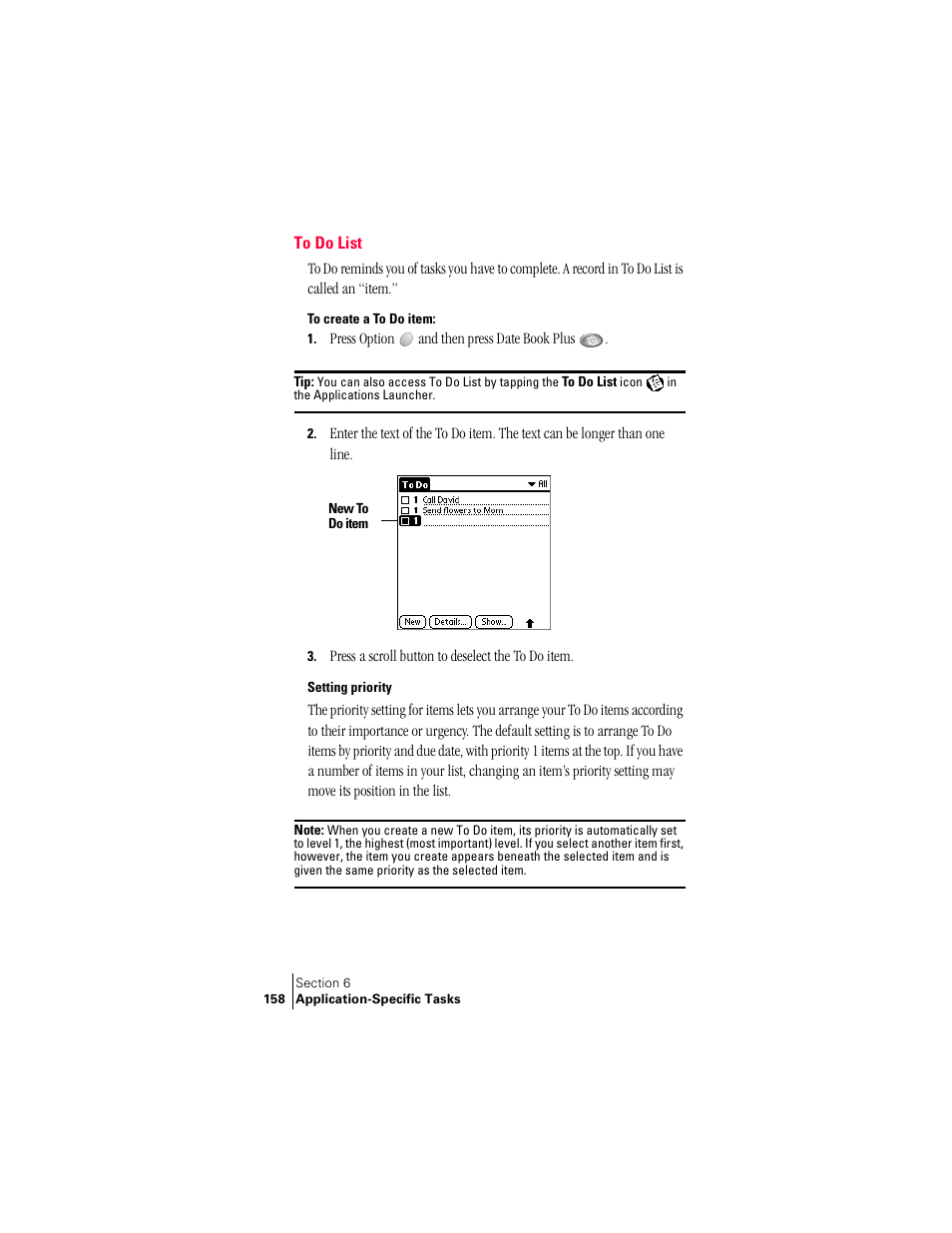 To do list, Setting priority | Palm Treo 300 User Manual | Page 166 / 286