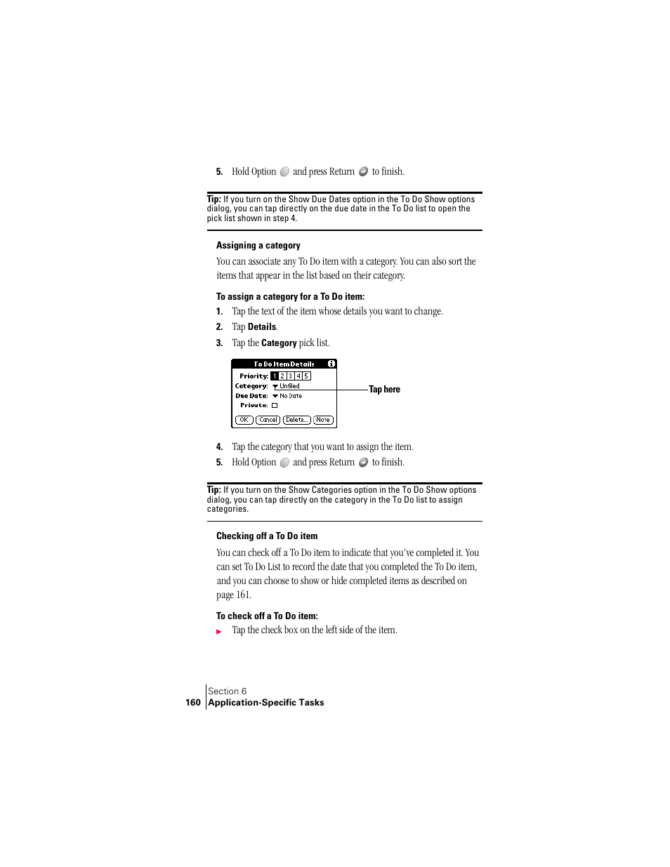 Assigning a category, Checking off a to do item, Assigning a category checking off a to do item | Palm Treo 300 User Manual | Page 168 / 286
