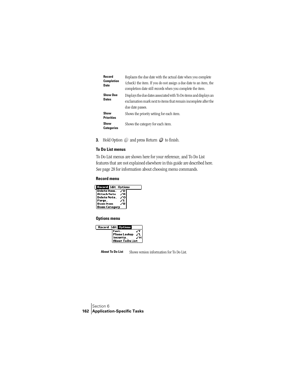To do list menus, Record menu, Options menu | Palm Treo 300 User Manual | Page 170 / 286