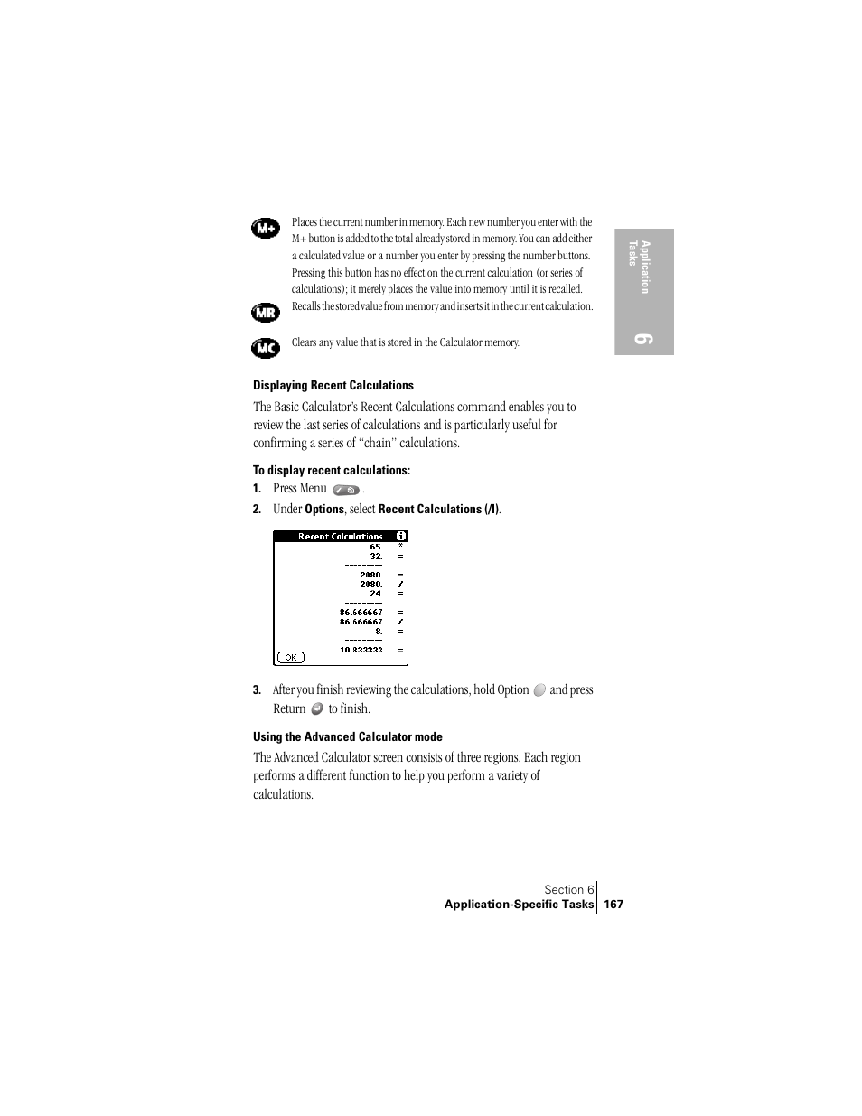 Displaying recent calculations, Using the advanced calculator mode | Palm Treo 300 User Manual | Page 175 / 286