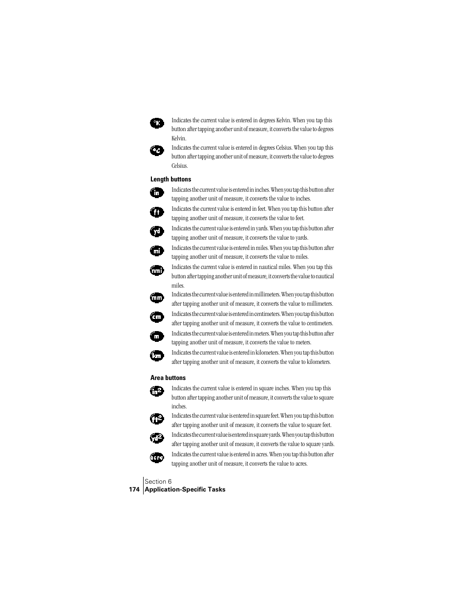 Length buttons, Area buttons | Palm Treo 300 User Manual | Page 182 / 286