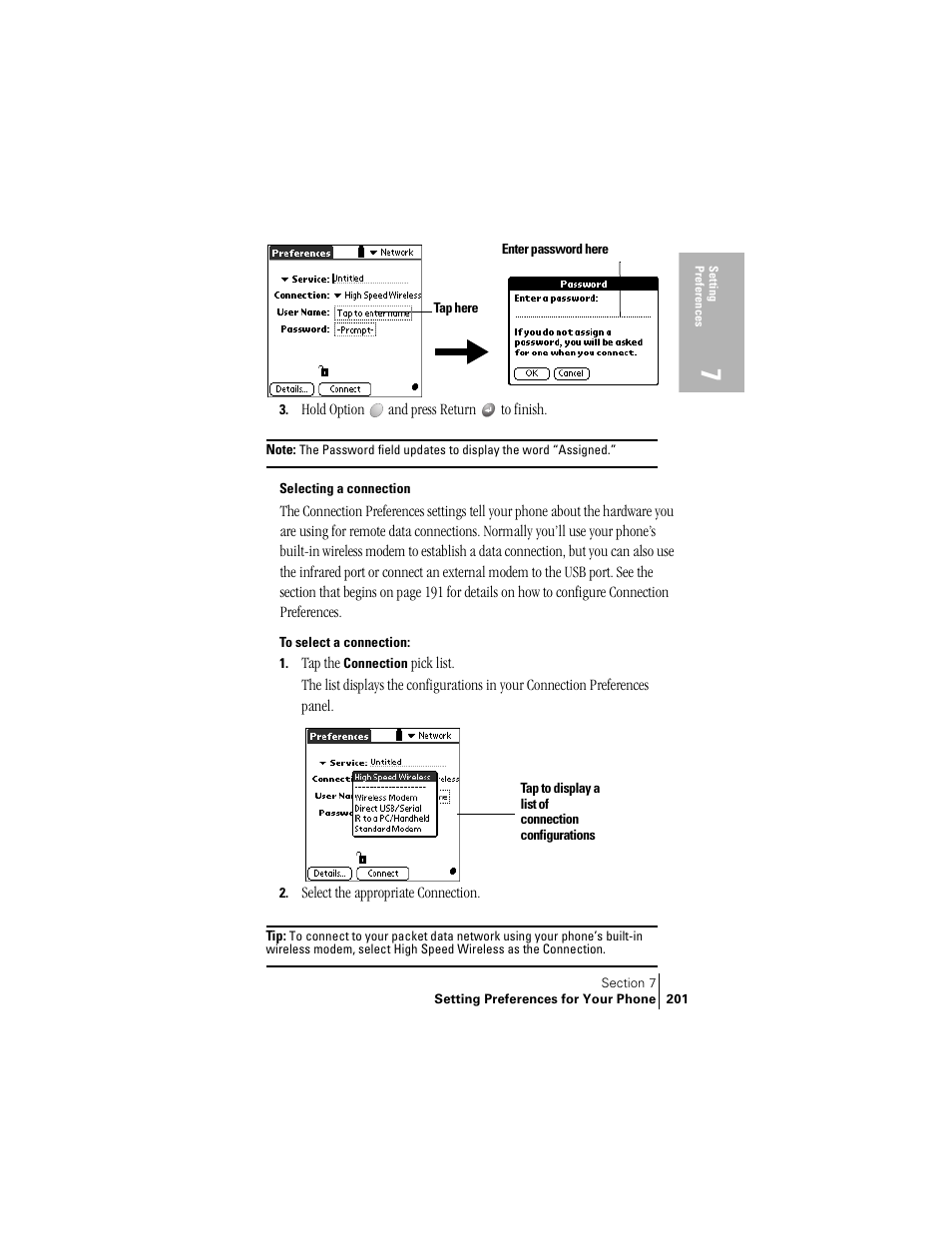 Selecting a connection | Palm Treo 300 User Manual | Page 209 / 286