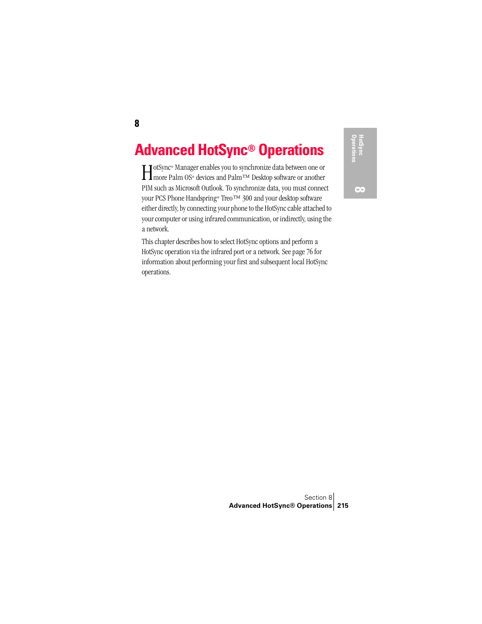 Advanced hotsync® operations, Advanced hotsync, Section 8 | Operations | Palm Treo 300 User Manual | Page 223 / 286