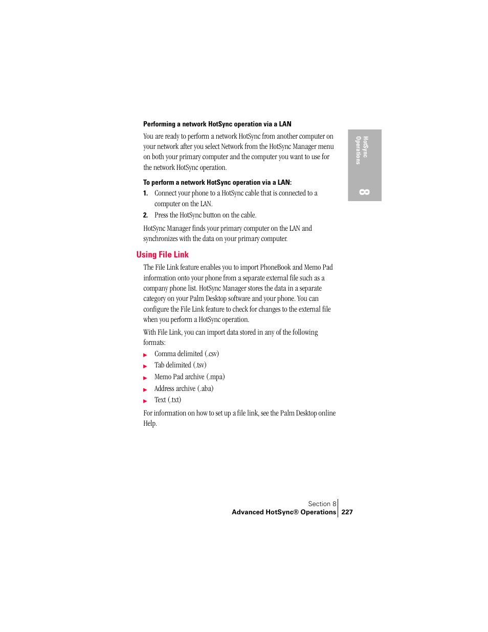 Performing a network hotsync operation via a lan, Using file link | Palm Treo 300 User Manual | Page 235 / 286