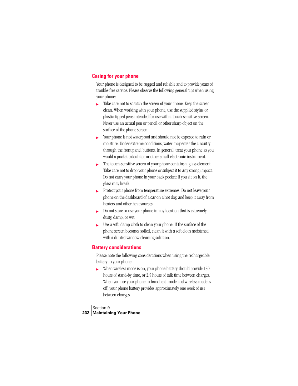 Caring for your phone, Battery considerations, Caring for your phone battery considerations | Palm Treo 300 User Manual | Page 240 / 286