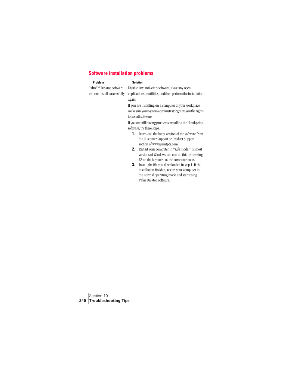 Software installation problems | Palm Treo 300 User Manual | Page 248 / 286