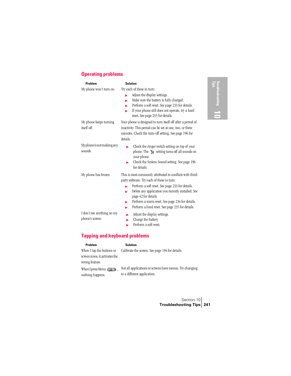 Operating problems, Tapping and keyboard problems, Operating problems tapping and keyboard problems | Palm Treo 300 User Manual | Page 249 / 286