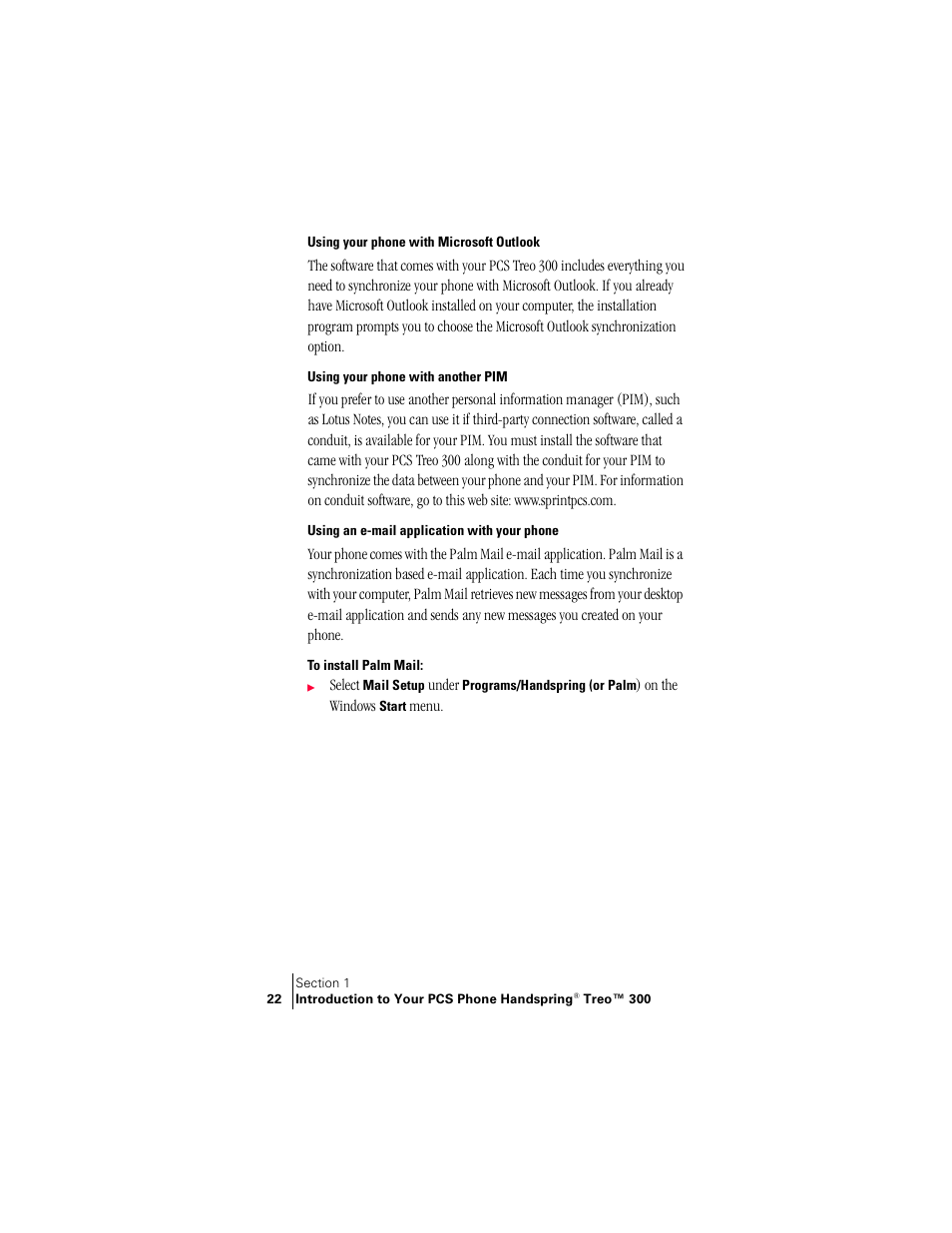 Using your phone with microsoft outlook, Using your phone with another pim, Using an e-mail application with your phone | Palm Treo 300 User Manual | Page 30 / 286