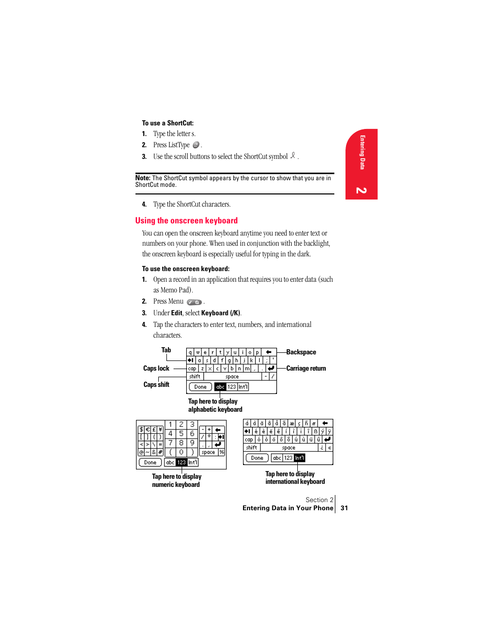 Using the onscreen keyboard | Palm Treo 300 User Manual | Page 39 / 286