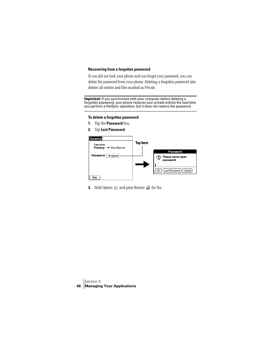 Recovering from a forgotten password | Palm Treo 300 User Manual | Page 54 / 286