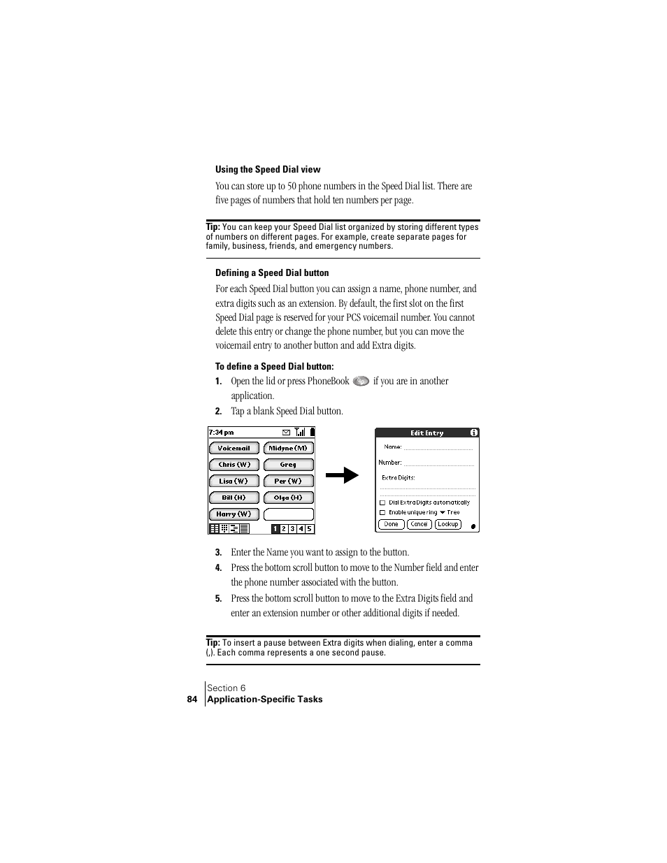 Using the speed dial view, Defining a speed dial button | Palm Treo 300 User Manual | Page 92 / 286