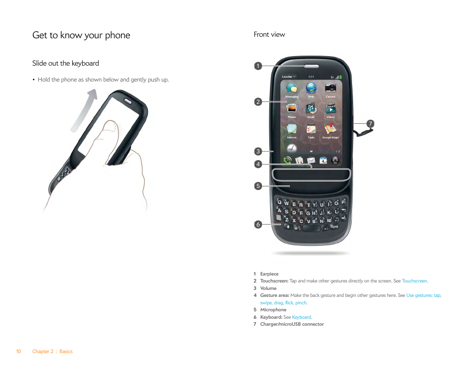 Get to know your phone, Slide out the keyboard, Front view | Palm Pre Plus User Manual | Page 10 / 209