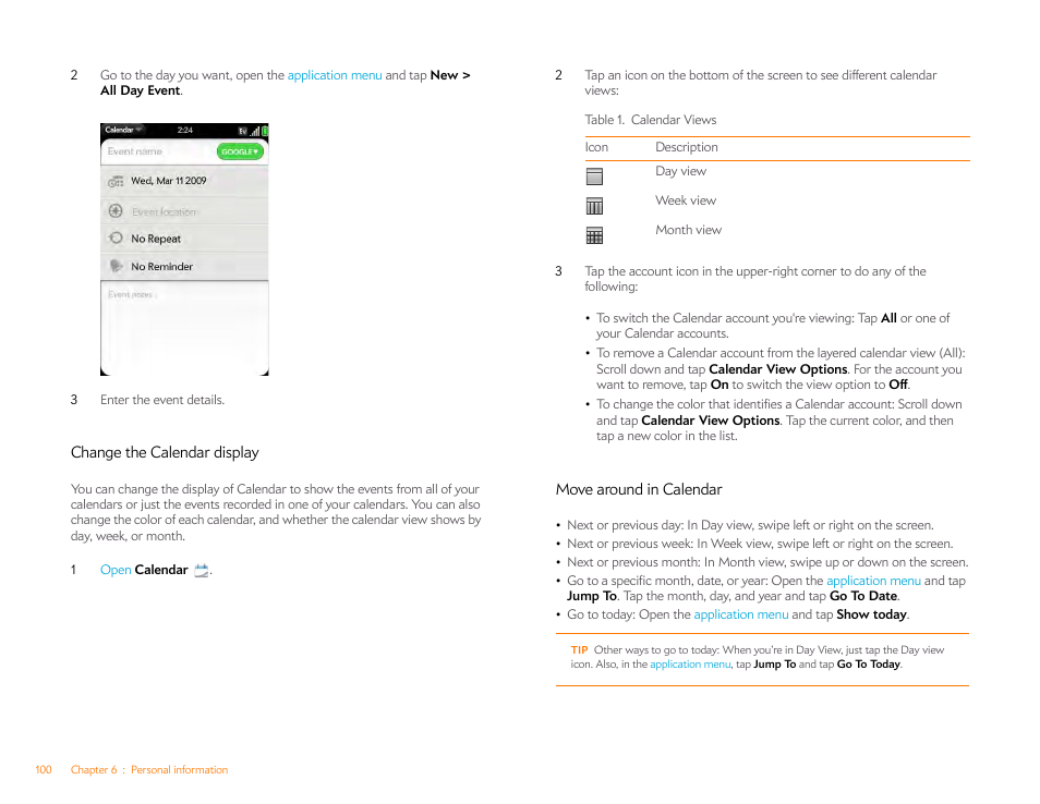 Change the calendar display, Move around in calendar | Palm Pre Plus User Manual | Page 100 / 209