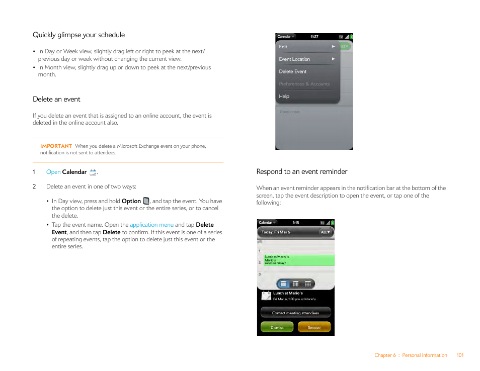 Quickly glimpse your schedule, Delete an event, Respond to an event reminder | Palm Pre Plus User Manual | Page 101 / 209