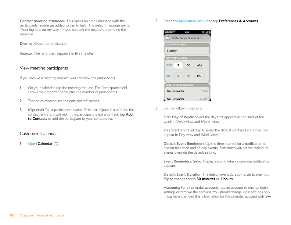 View meeting participants, Customize calendar, Customize | Calendar | Palm Pre Plus User Manual | Page 102 / 209