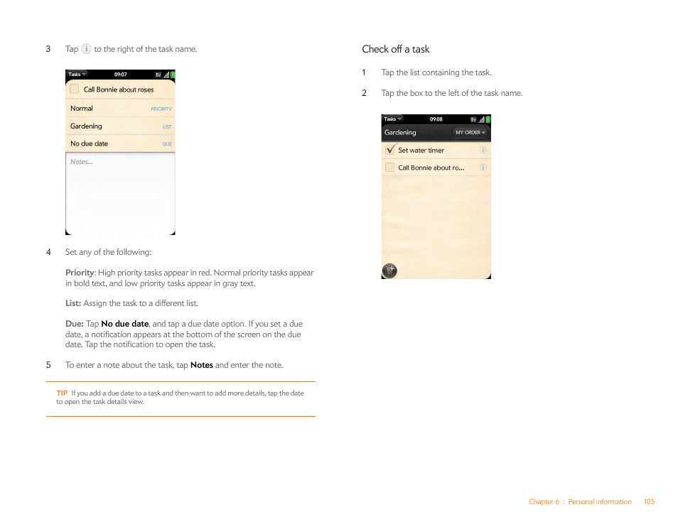 Check off a task | Palm Pre Plus User Manual | Page 105 / 209