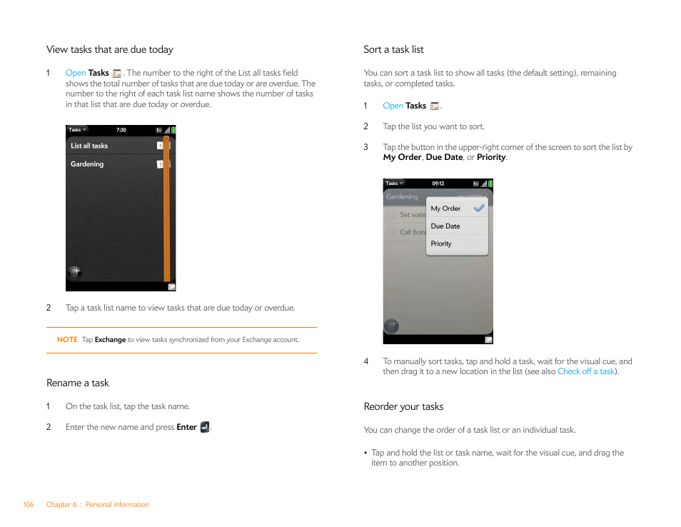 View tasks that are due today, Rename a task, Sort a task list | Reorder your tasks | Palm Pre Plus User Manual | Page 106 / 209