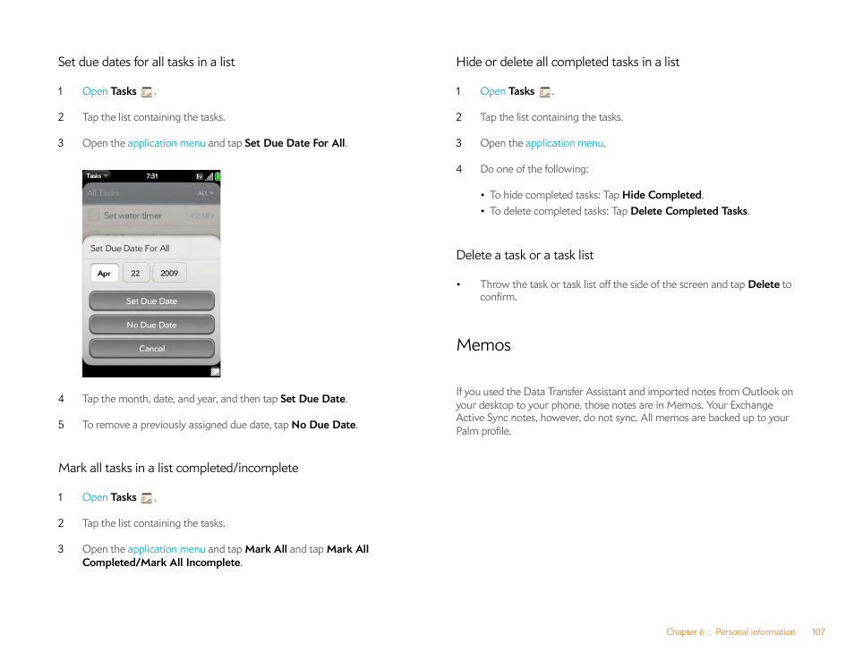 Set due dates for all tasks in a list, Mark all tasks in a list completed/incomplete, Hide or delete all completed tasks in a list | Delete a task or a task list, Memos | Palm Pre Plus User Manual | Page 107 / 209