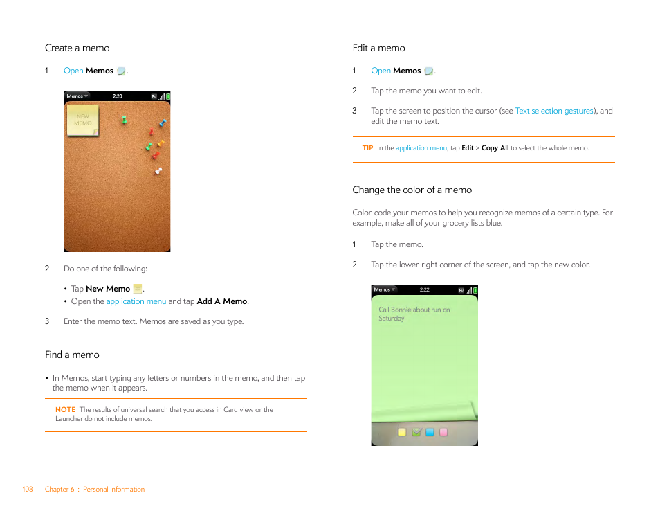 Create a memo, Find a memo, Edit a memo | Change the color of a memo | Palm Pre Plus User Manual | Page 108 / 209