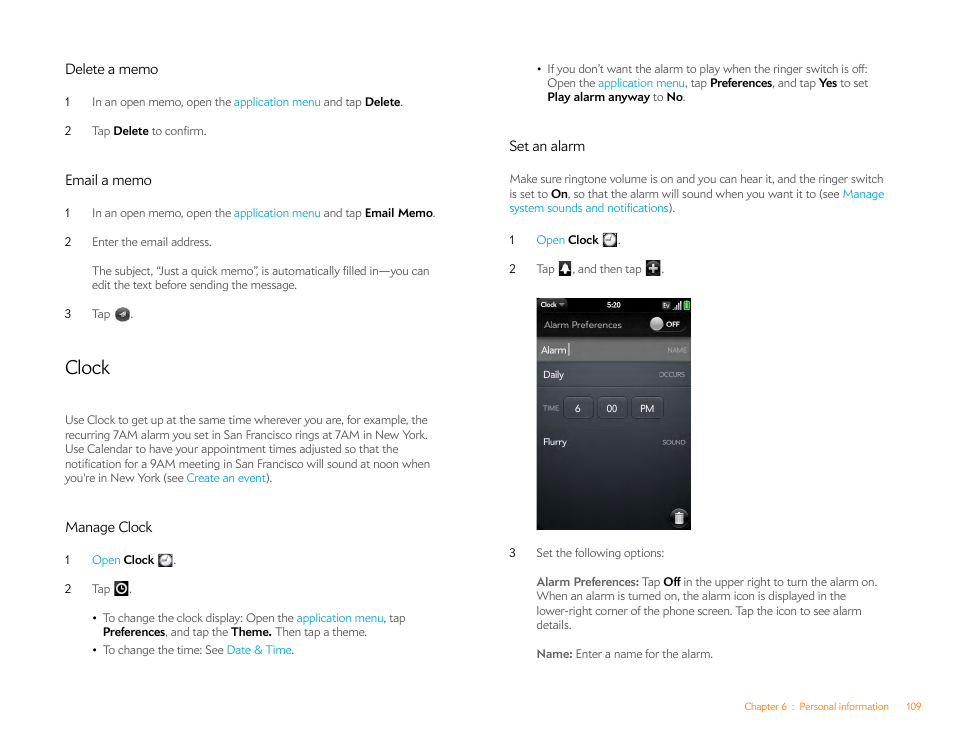 Delete a memo, Email a memo, Clock | Manage clock, Set an alarm | Palm Pre Plus User Manual | Page 109 / 209