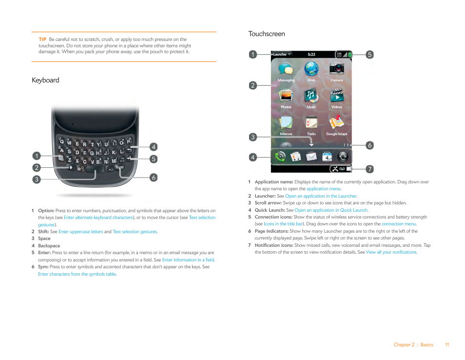 Keyboard, Touchscreen | Palm Pre Plus User Manual | Page 11 / 209