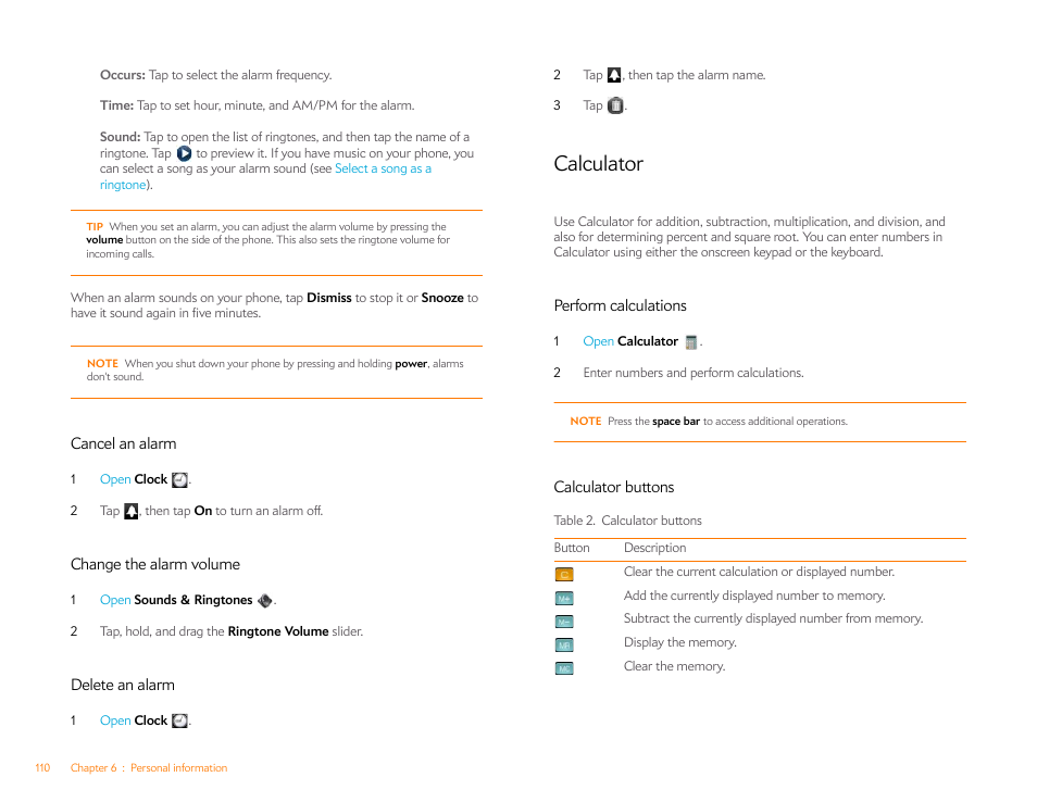 Cancel an alarm, Change the alarm volume, Delete an alarm | Calculator, Perform calculations, Calculator buttons | Palm Pre Plus User Manual | Page 110 / 209