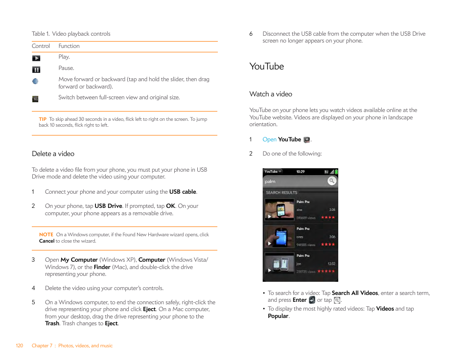 Delete a video, Youtube, Watch a video | Palm Pre Plus User Manual | Page 120 / 209