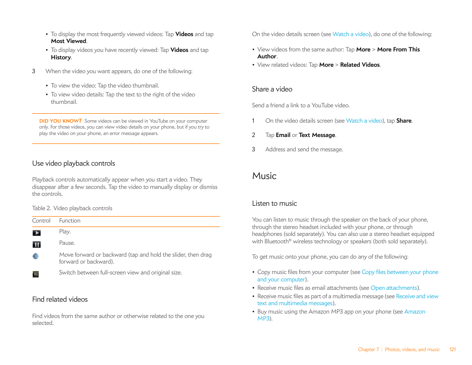 Use video playback controls, Find related videos, Share a video | Music, Listen to music | Palm Pre Plus User Manual | Page 121 / 209